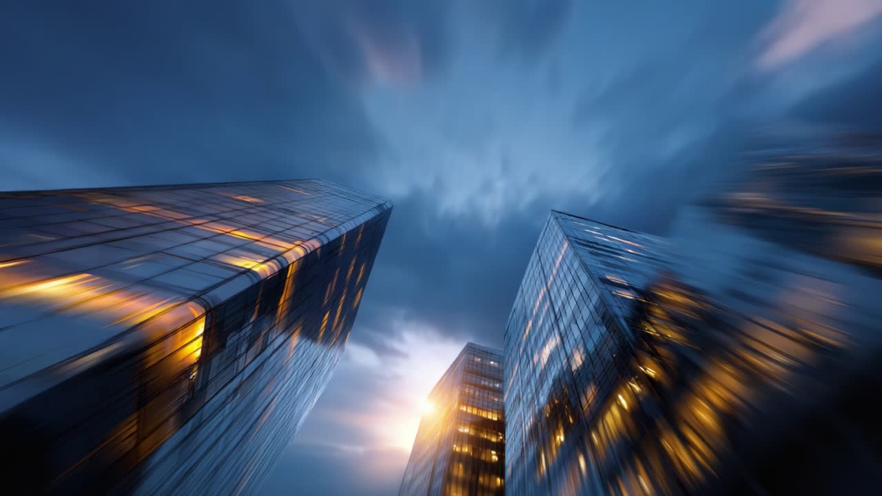 Splendido skyline urbano al crepuscolo: un’illuminazione spettacolare mette in risalto l’architettura moderna stagliata su un cielo vivido, con ombre soffici e luci scintillanti della città