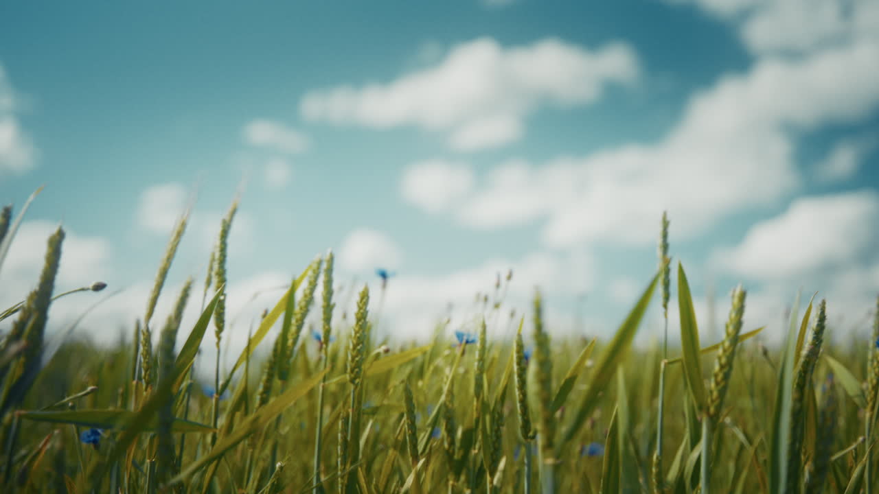 Wheat Field with Blue Flowers and Cloudy Sky