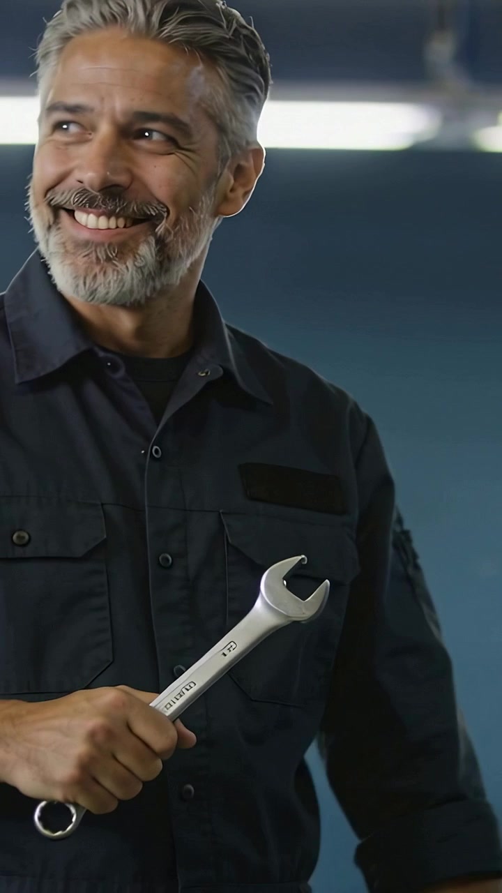 Vertical video: Camera rolling man adjusting wrench in shop to work, work shirt, light, copy space