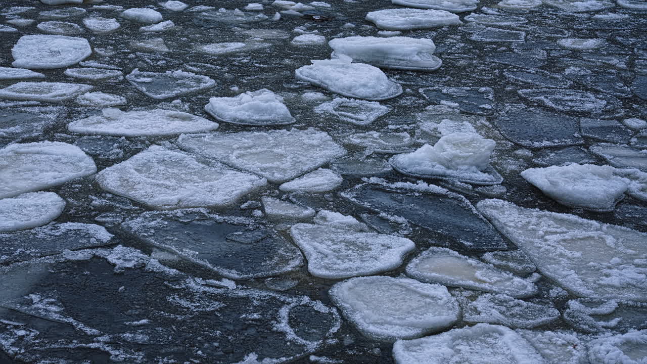 Sottili frammenti di ghiaccio ondeggiano e ruotano vicino alla riva del lago mentre l'acqua in movimento rompe la copertura di ghiaccio invernale, transizione tra le stagioni e cambiamento climatico