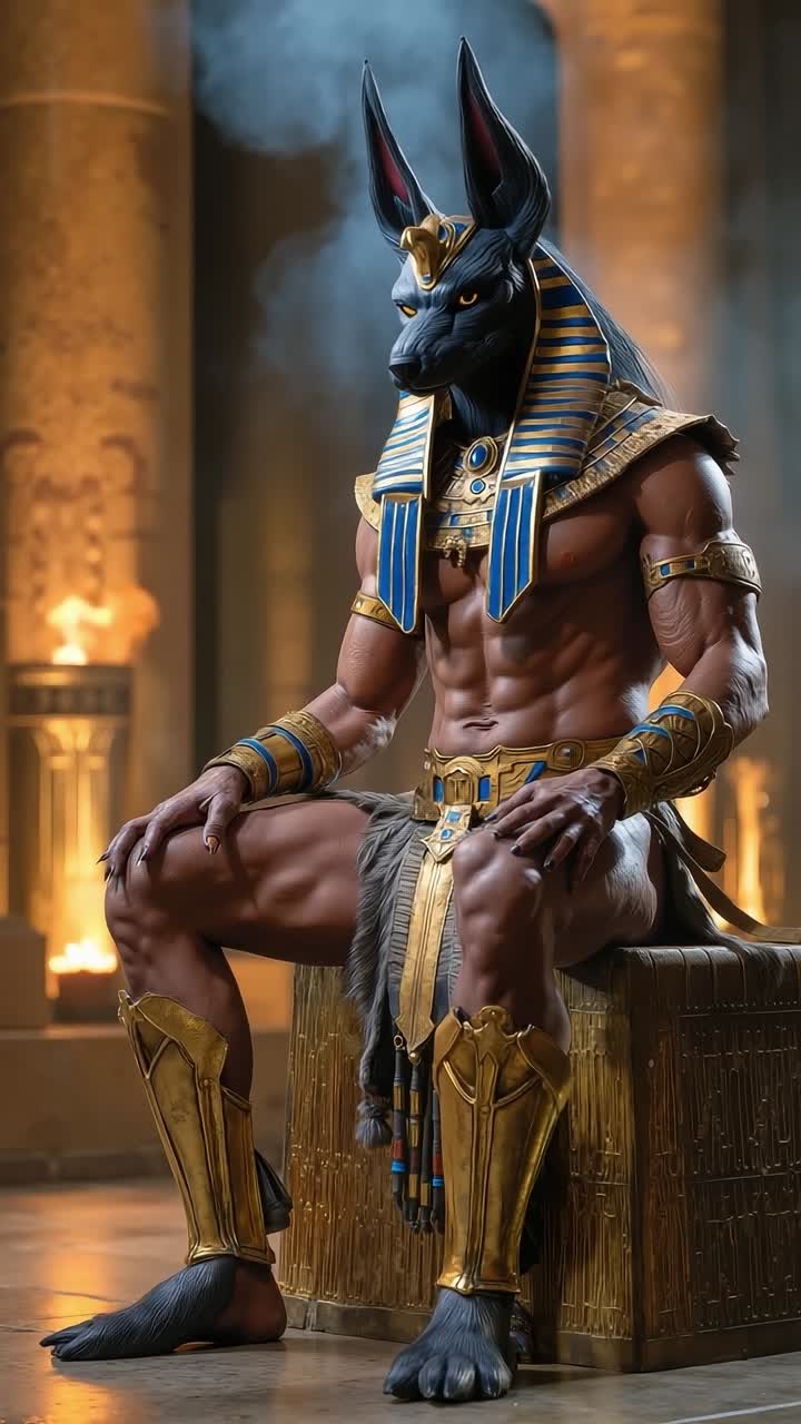 Anubis sitting on top of a wooden box in a room