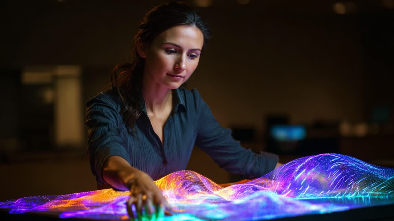 Una donna interagisce con una vivace e colorata onda luminosa, mettendo in mostra tecnologia e creatività in un ambiente scarsamente illuminato, creando un'esperienza visiva coinvolgente
