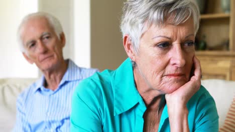 upset senior couple arguing with each other in living room