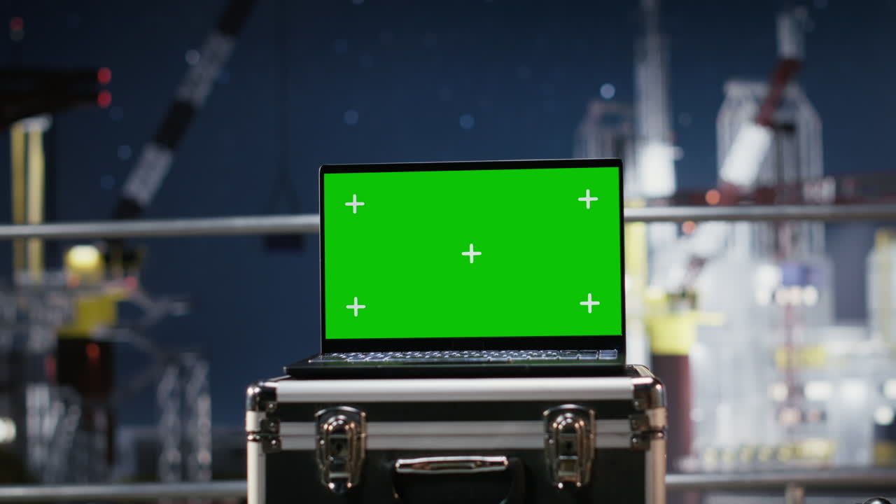 Green screen on laptop supporting offshore drilling rig calibration