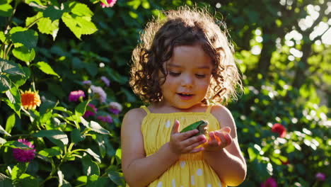 a curious child holding a frog in a sunny garden