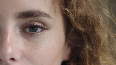 cerca hermosa mujer joven de ojos azules mirando a la cámara cabeza roja pecas mitad de la cara