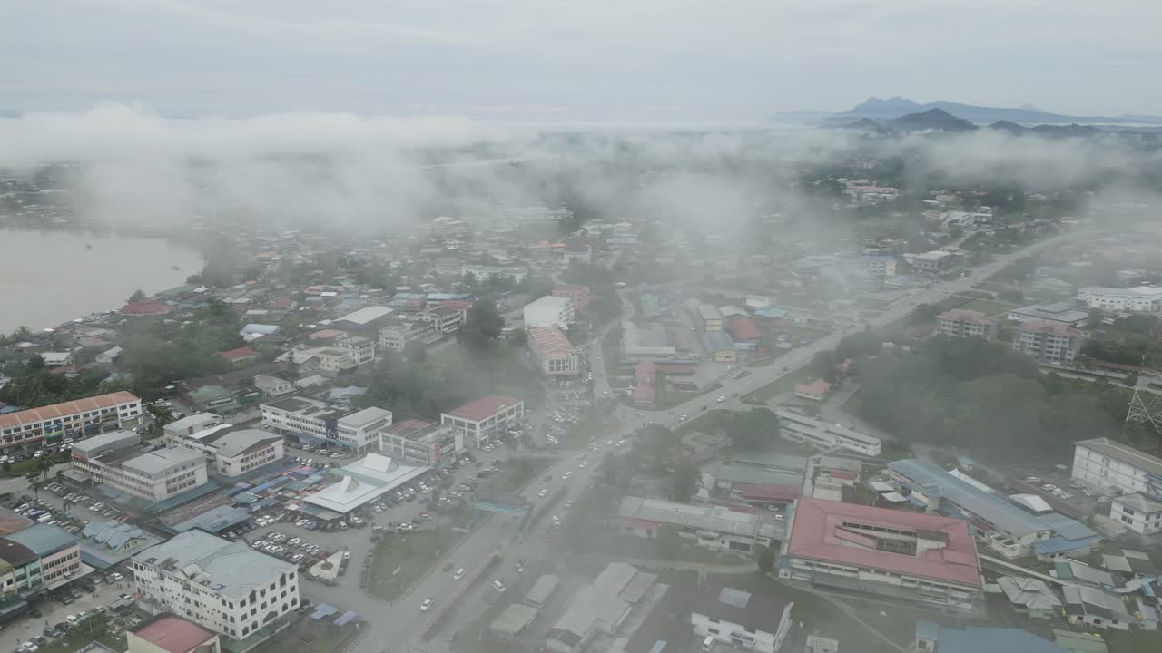 Foggy Morning Beautiful Drone View Of Sri Aman Town At Batang Lupar River, During Regatta And Pesta Benak,Sarawak, Borneo.