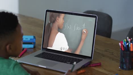 African-american-boy-having-a-video-call-on-laptop-while-doing-homework-at-home