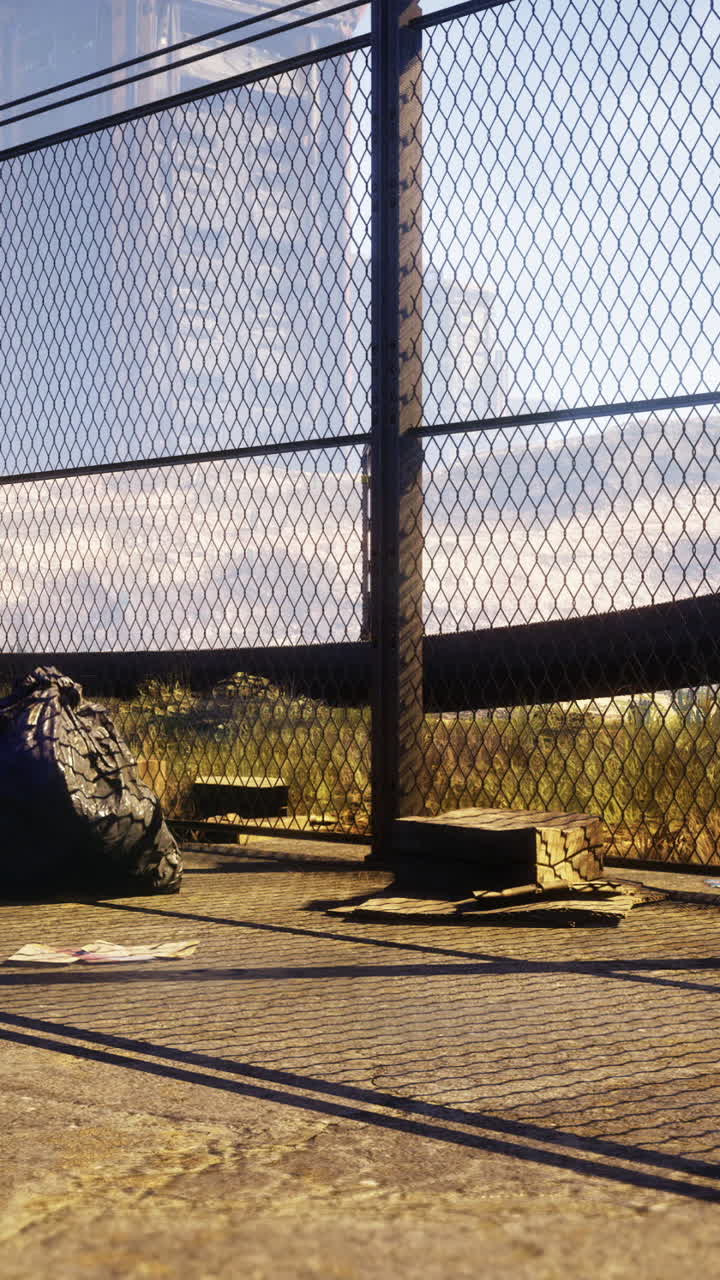 Urban decay highlights a neglected landscape with scattered debris and fences