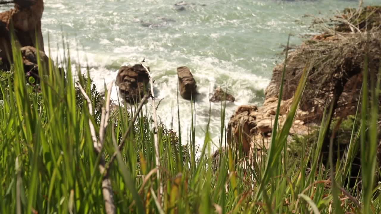 Zpomalený záběr (12 snímků/s) vln narážejících na útes s trávou vlající ve větru