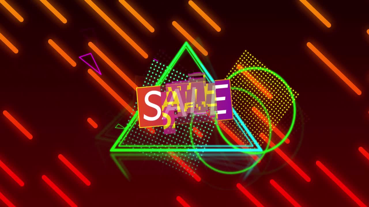 네온 모양과 반 ⁇ 이는 오렌지색 선 위에  ⁇  글자로 판매 텍스트의 애니메이션