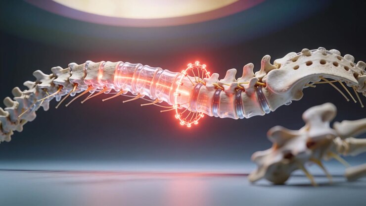 Nodes pulsing red ring marking lumbar spine model in studio, lighting translucent discs and nerves
