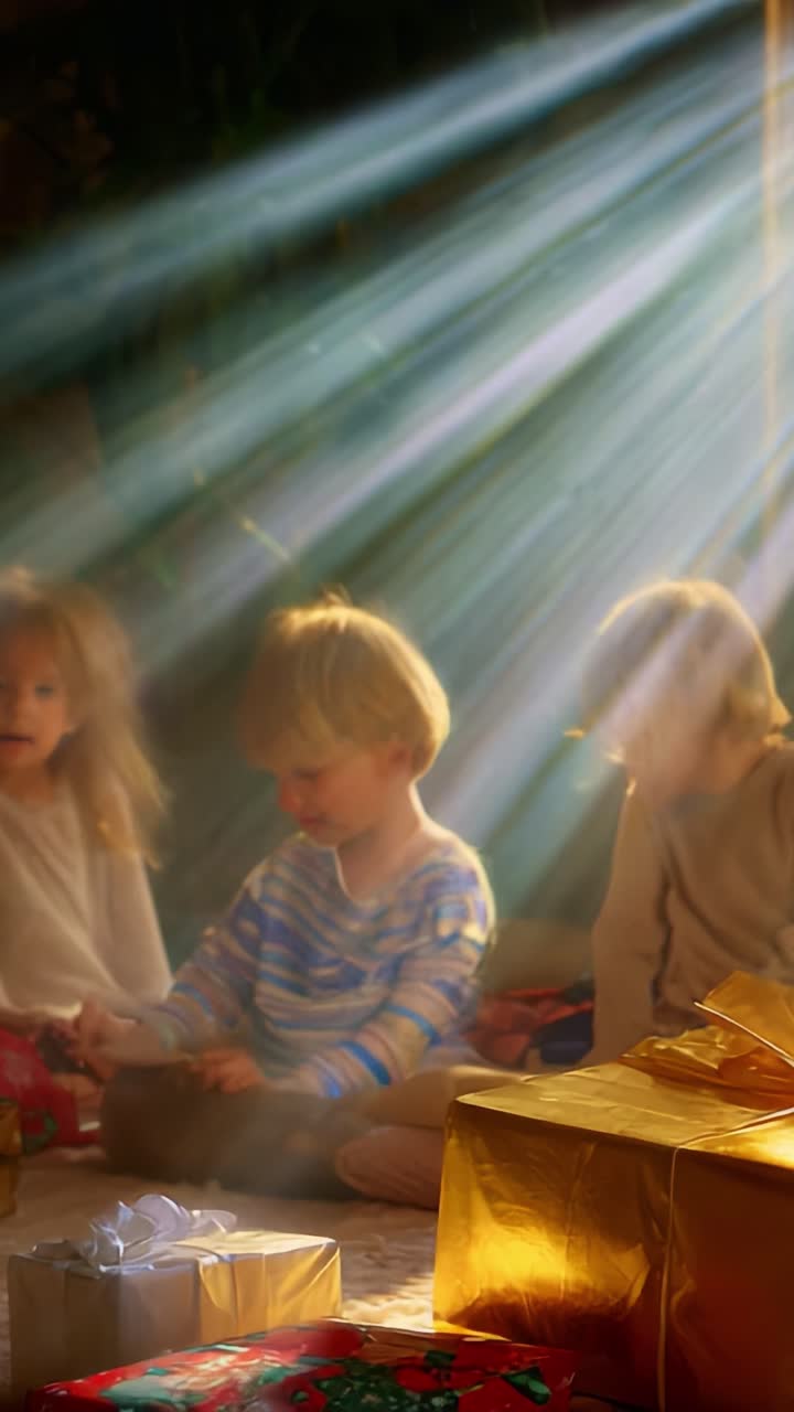 Three Children Engaging with Colorful Gifts in a Sunlit Room, Bathed in Soft Light, Creating a Magical Atmosphere of Joy and Anticipation During a Special Occasion Surrounded by Presents