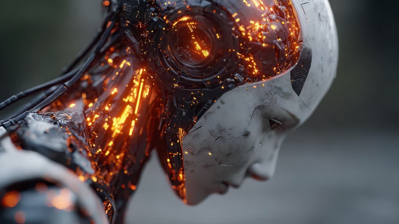 A Cybernetic Being Contemplating Existence: Illuminated Circuitry and Advanced Robotics Showcased in a Striking Visual Representation of Technology and Emotion