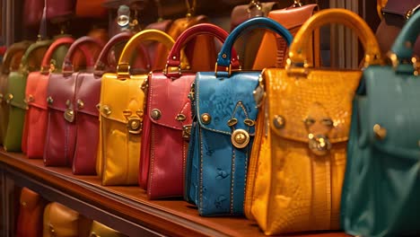 a colorful collection of luxury handbags on display