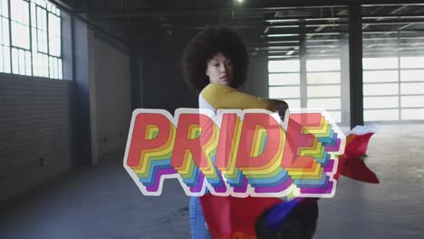 animation of rainbow pride over african american woman with rainbow flag