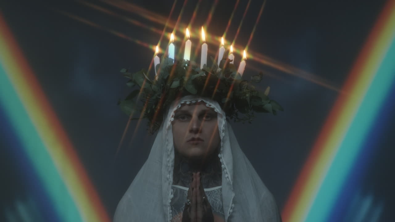 Praying Man with Candle Lit Wreath on Head