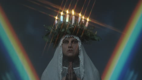 praying man with candle lit wreath on head