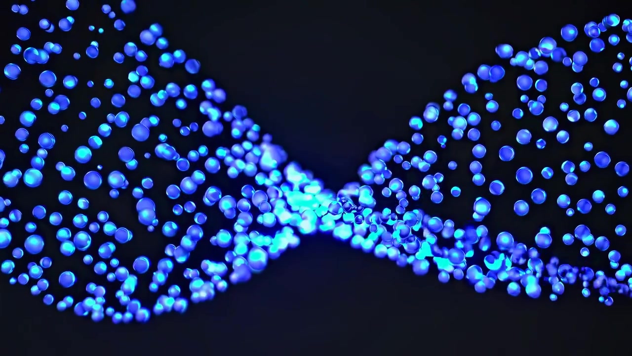 Particelle blu luminose e futuristiche che formano un'onda simile al DNA