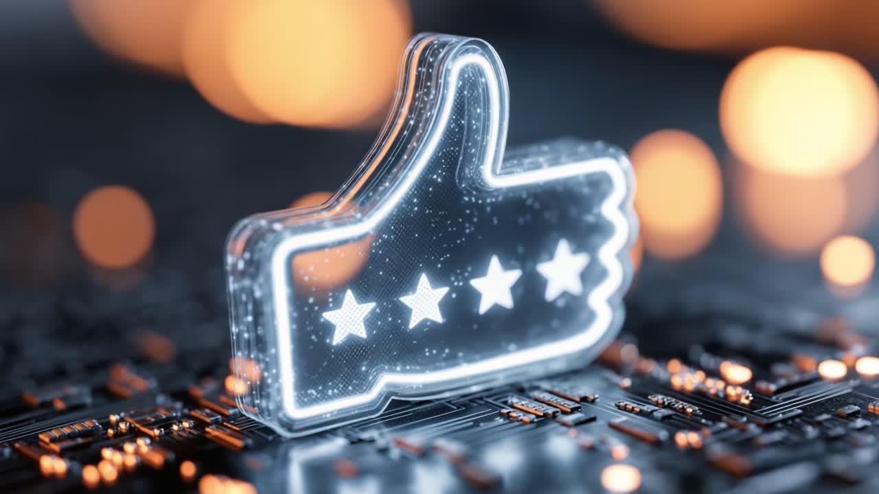 A Glowing Thumbs Up Icon with Five Stars Set Against a Dark Circuit Board Background, Symbolizing Positive Feedback and High Ratings in Digital Environments