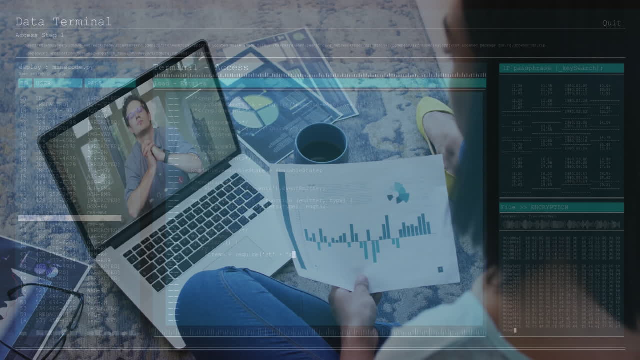 Person analyzing financial charts on laptop with data processing animation overlay