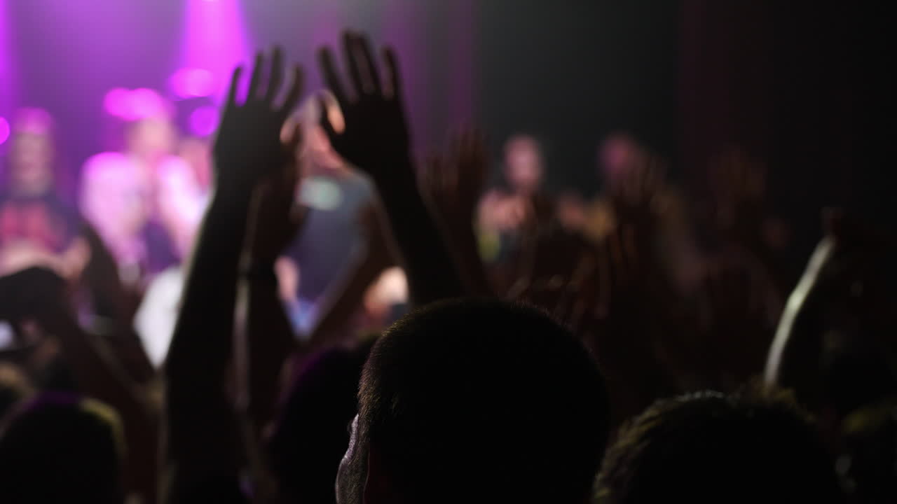 Folla di entusiasti partecipanti a un concerto che alzano le mani con eccitazione durante un'esibizione di musica dal vivo