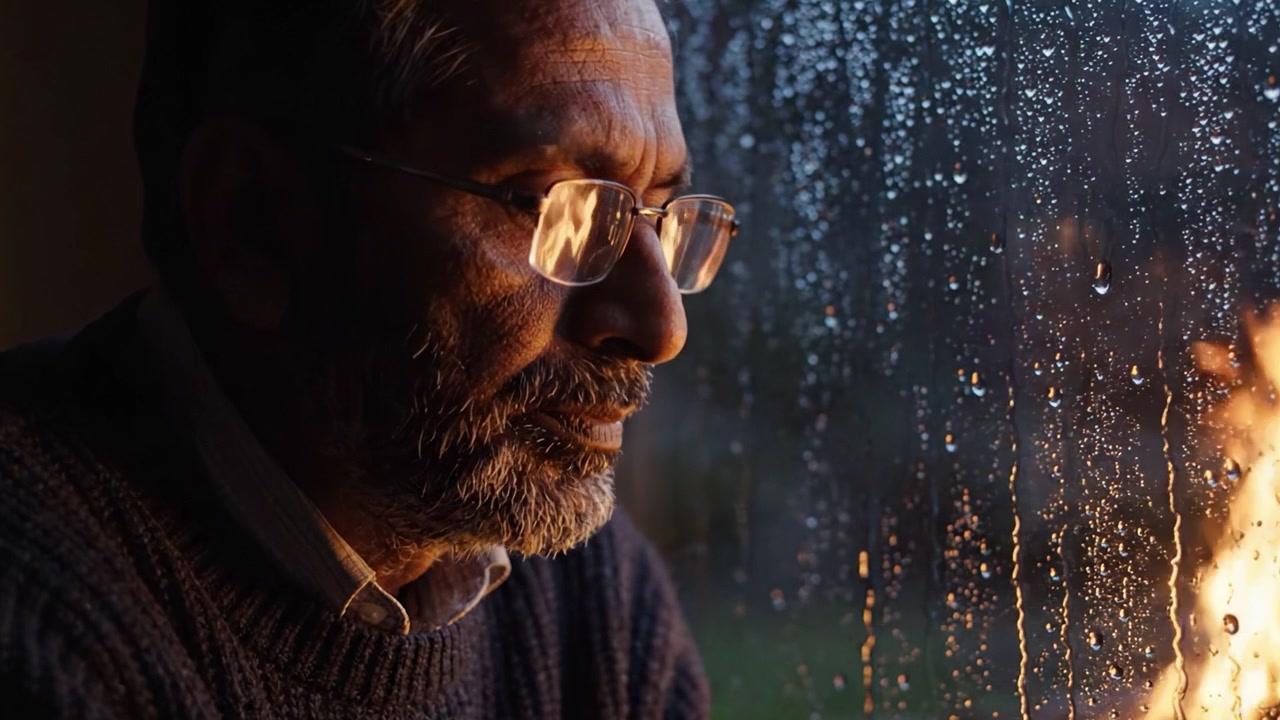 Un moment contemplatif capturé à travers une fenêtre, montrant une personne pensive réfléchissant à la vie tandis que la pluie ruisselle sur la vitre et qu'une lumière chaude danse à proximité.