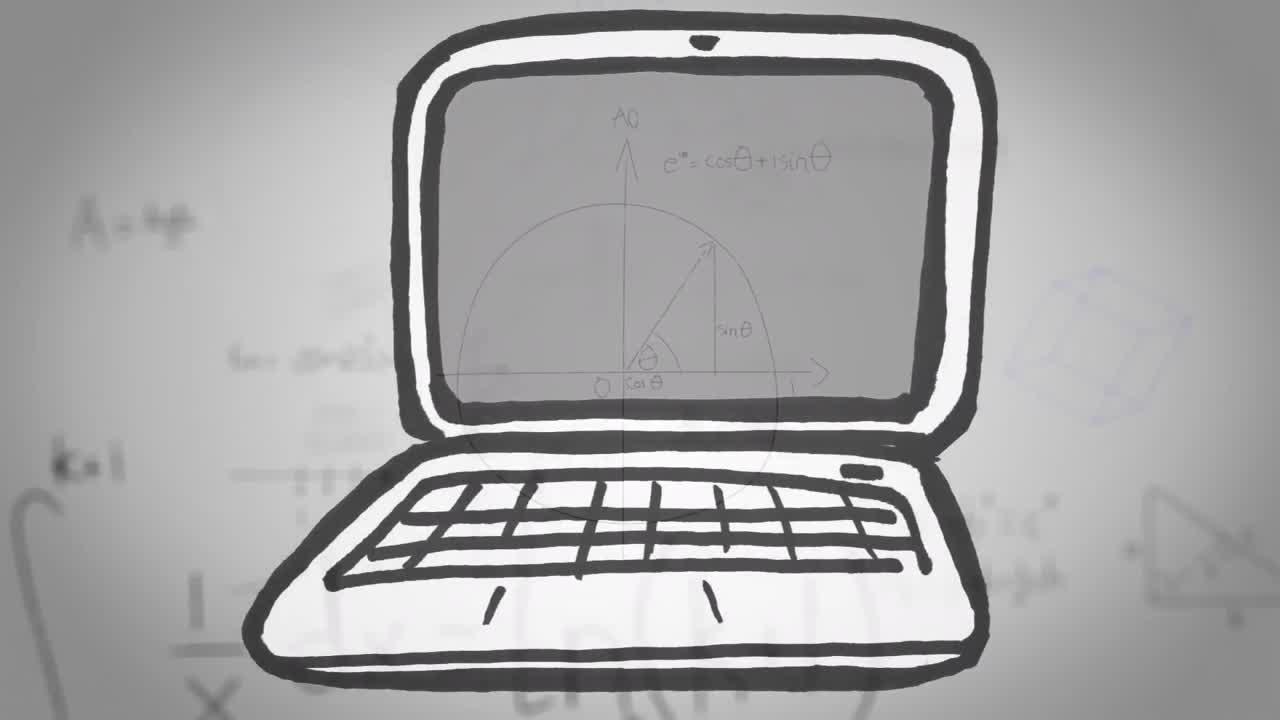 animación de una computadora portátil de dibujos animados sobre fórmulas matemáticas sobre fondo blanco
