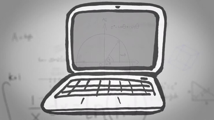 Animation of cartoon laptop over math formulas on white background
