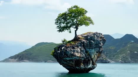 a lone tree on top of a rock in the middle of the ocean