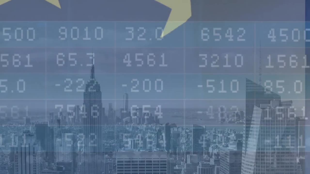 데이터 처리 및 도시 풍경 위의 별의 애니메이션