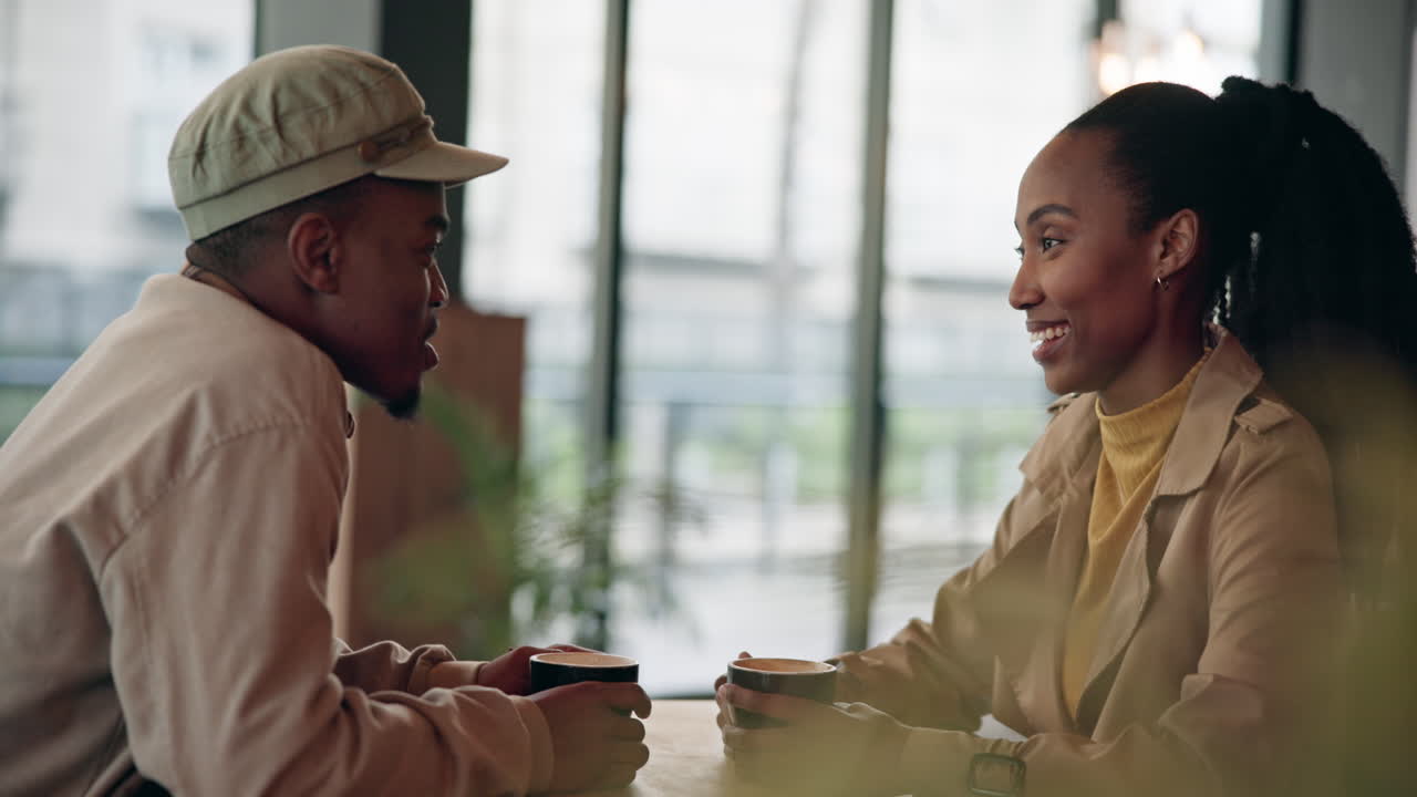 Couple, coffee and happy with communication