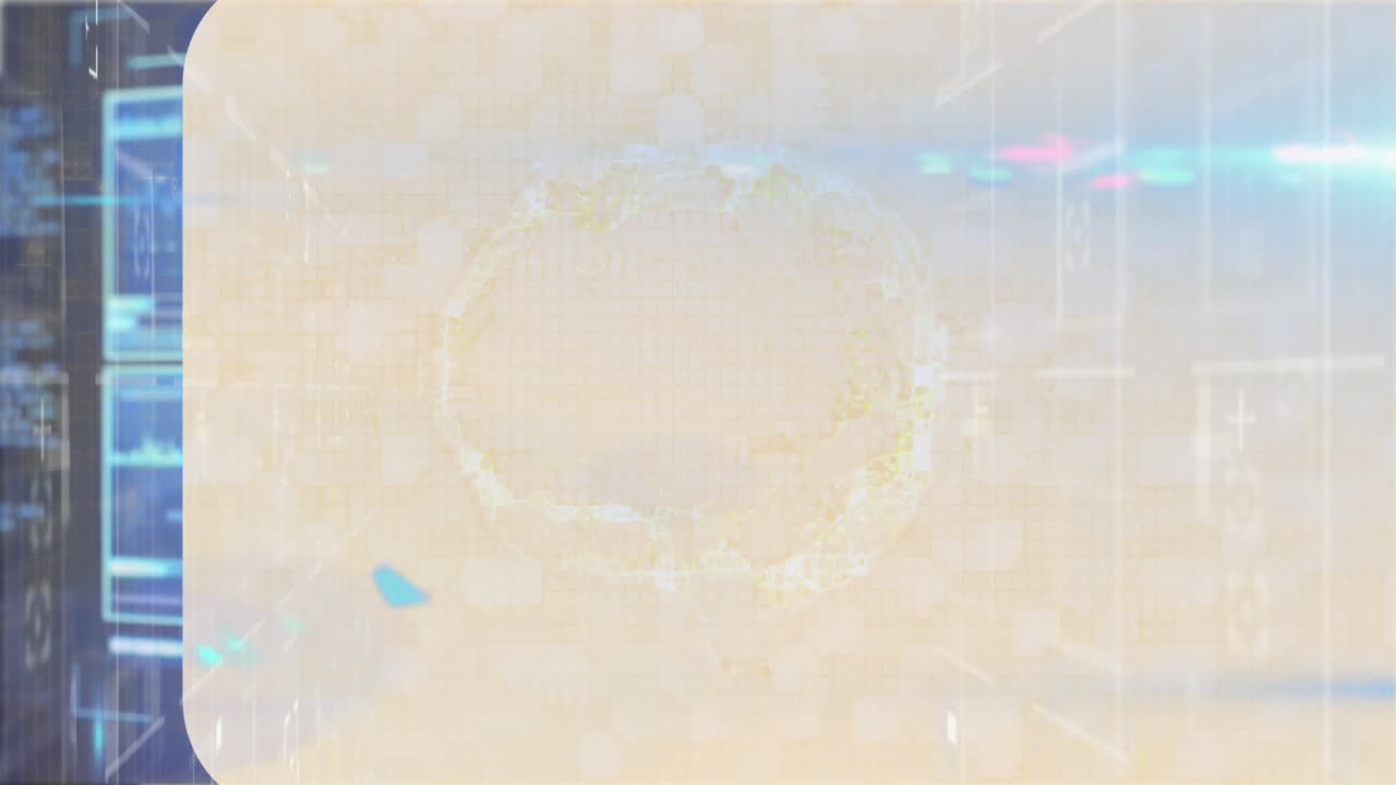 디지털 공간 위의 노란색 표면에 뇌와 불빛의 애니메이션