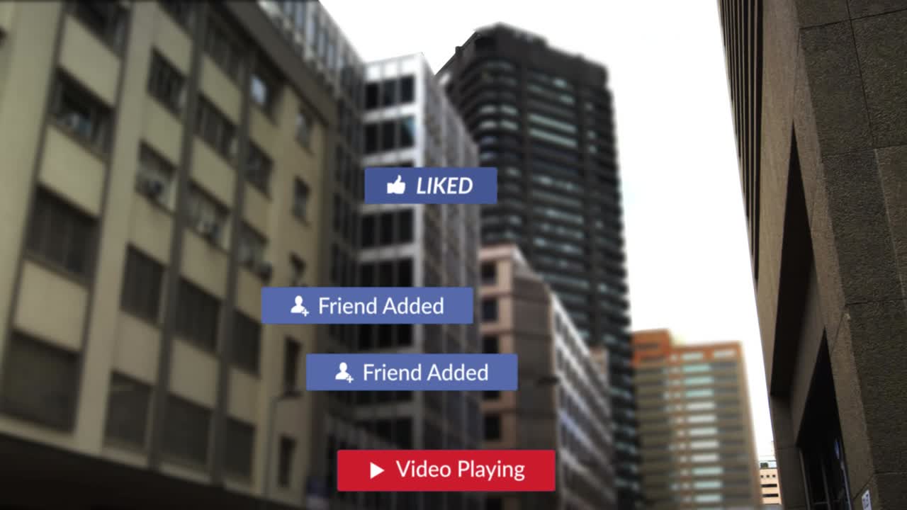 Animação de ícones de redes sociais caindo sobre paisagem urbana
