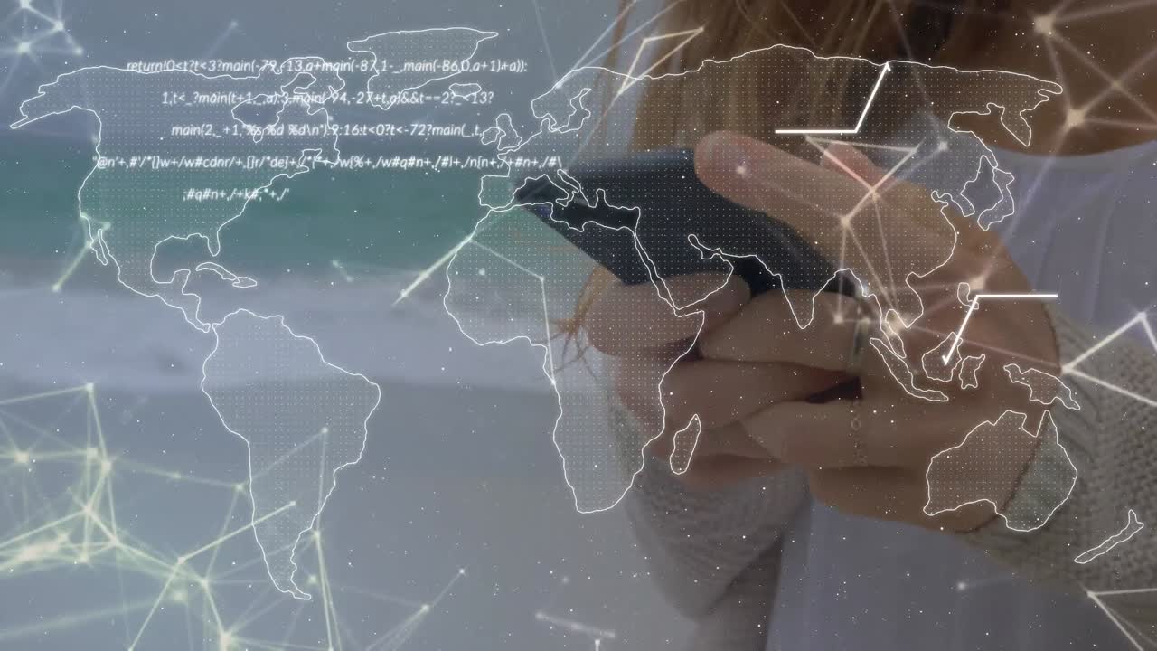 해변에서 스마트폰을 사용하는 여성의 중간 섹션에 대한 세계 지도에 대한 데이터 처리