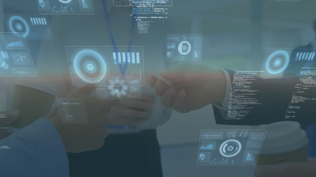 Animation of data processing over diverse business people with card