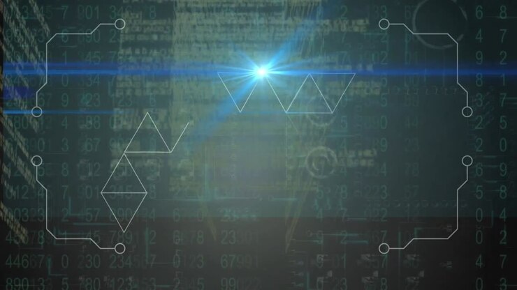 Animation of binary coding, data processing over glowing computer circuit board