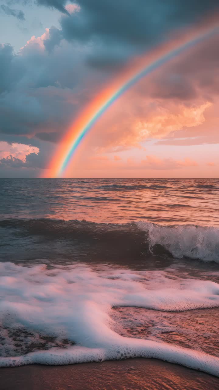 A stunning video still of a vibrant rainbow over the ocean at sunset