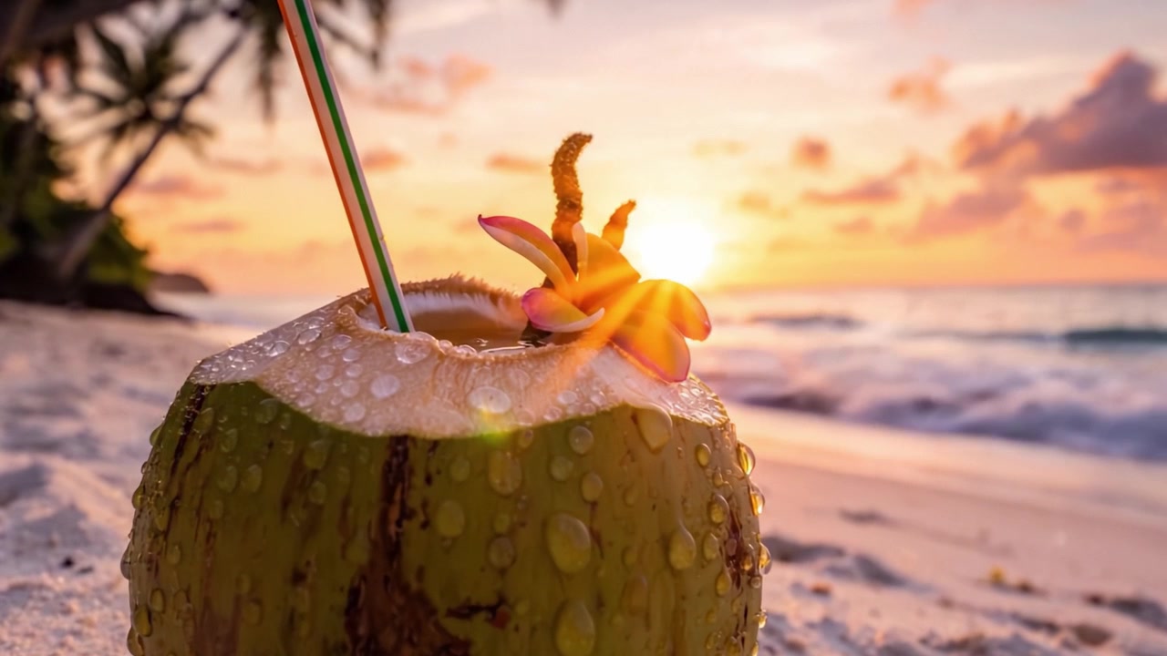 Refreshing Coconut Drink at Sunset Beach: Enjoying a Tropical Beverage Surrounded by Palm Trees and Serenity on a Beautiful Evening