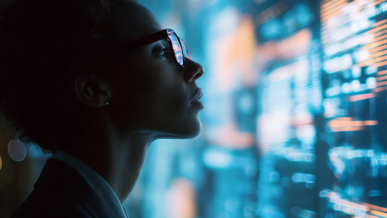 Focused Individual Analyzing Data on a Digital Interface: Captivating Interaction with Technology in a Futuristic Environment