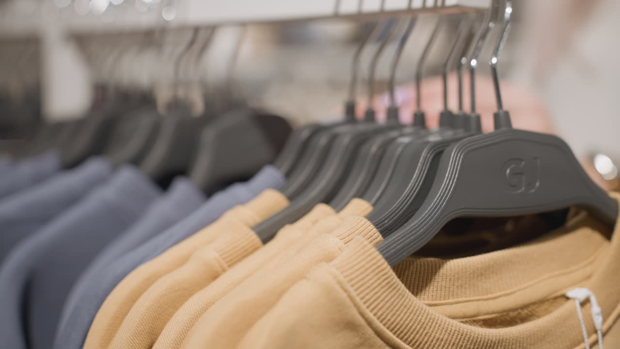 Close up view of colored polo shirts on hangers in bright store, blurred shopper in background gently sliding garments while browsing selection, soft focus capturing hands adjusting hangers