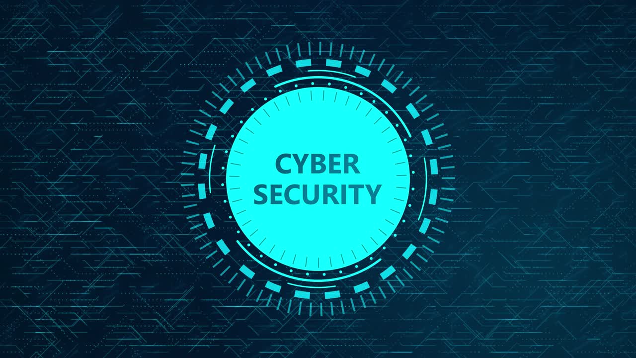 Futuristic Cyber Security Concept with Rotating HUD Elements and Circuitry Design