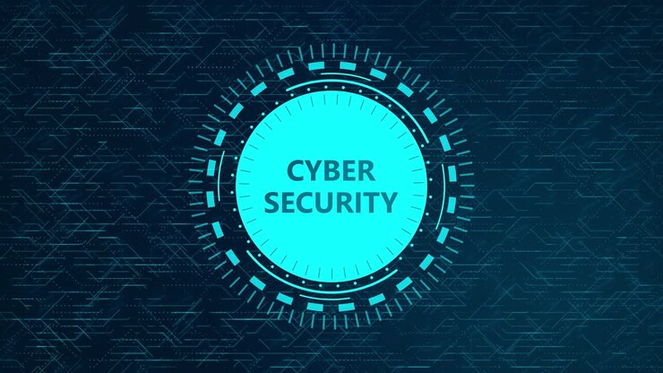 Futuristic Cyber Security Concept with Rotating HUD Elements and Circuitry Design