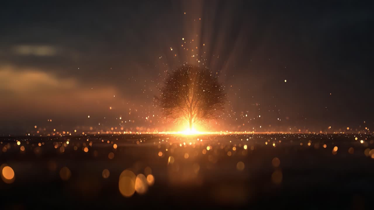 A Magnificent Glowing Tree Illuminated by Radiant Sparks Against a Darkening Sky, Symbolizing Nature's Beauty and Resilience in a Mystical Setting