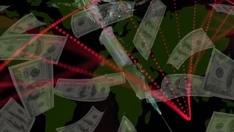 animation of red spots and vaccine hypodermic need over falling dollar banknotes