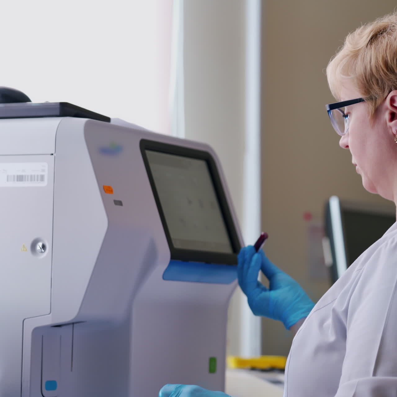 Laboratory worker in a modern microbiology cabinet. Side view of a female in medical uniform working on a special equipment for testing blood samples in research laboratory.