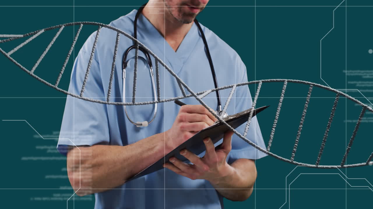 Medico che scrive su una cartella clinica con animazione di un filamento di DNA su sfondo medico.