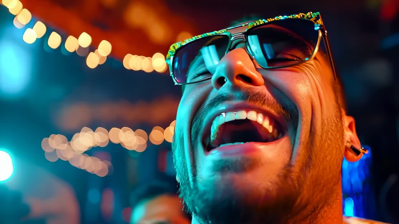 A man wearing sunglasses laughing at a party