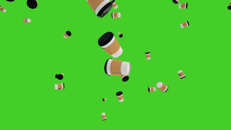 coffee cups falling on green screen background. 4k