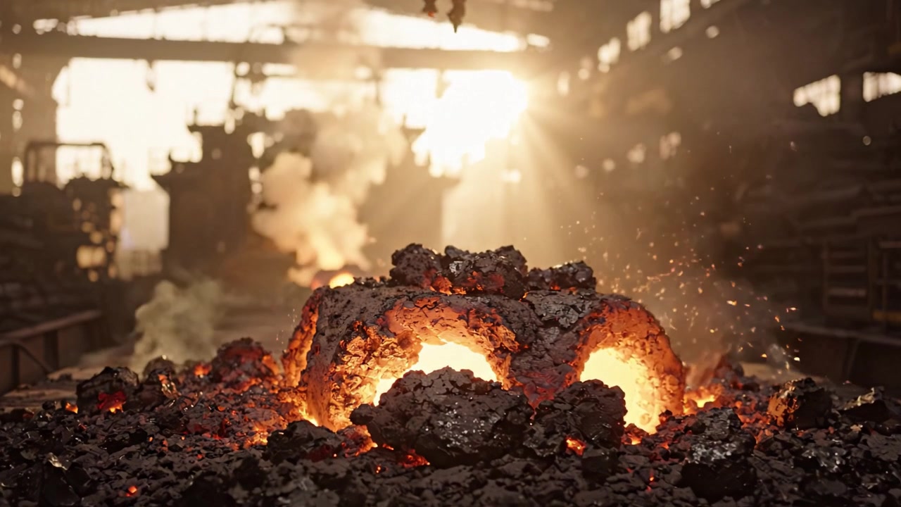 Intense Glow of Molten Metal in an Industrial Foundry: Captivating View of Heating Furnaces and Work Atmosphere During Sunset Hours